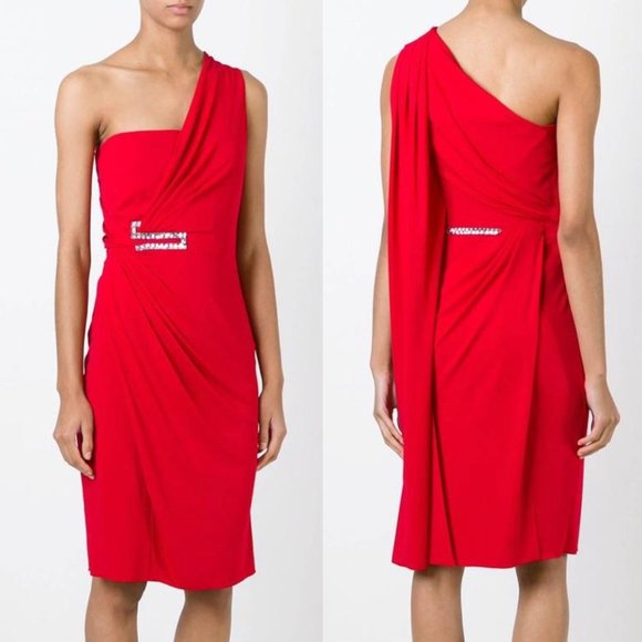Gianni Versace Red One Shoulder Draping Scarf Embellished Mini Dress 42 US 4 6 - Picture 2 of 11